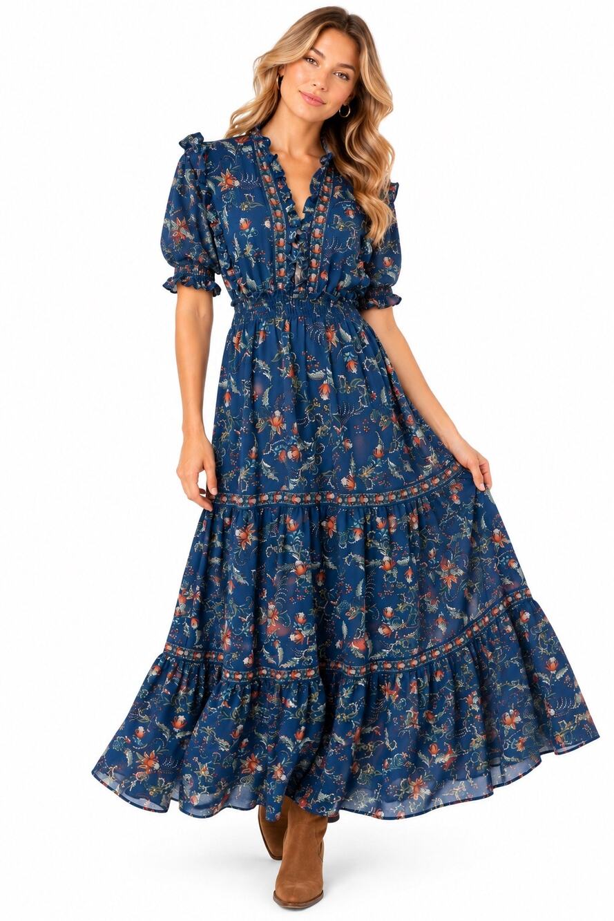 Max Studio Blue & Orange Floral Print Ruffled Smocked Waist Tiered Maxi Dress